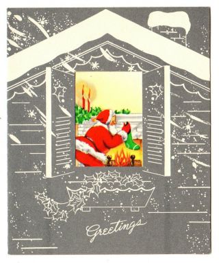 Vintage Mid Century Christmas Greeting Card Santa Claus Hanging Stockings