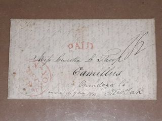 1840 Stampless Cover Folded Letter W/ Red Paid Oval Hand Stamp To Ny
