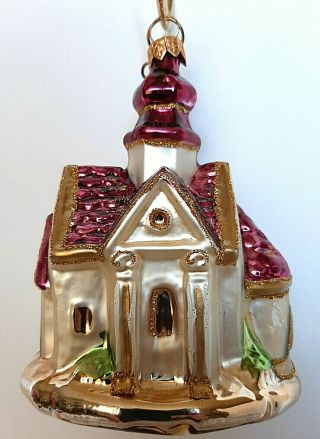 Christopher Radko Ornament Church Purple Roof Gold Glittered Snow Made In Poland
