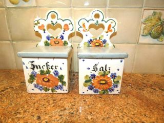 Htf Vintage German Hanging Sugar And Salt Box Canisters Floral Zucker Salz