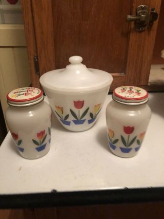 Vintage Fireking Tulip Range Set.  Grease Jar And Shakers