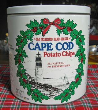 Cape Cod Potato Chips Red & White Christmas Tin Bucket W/lid