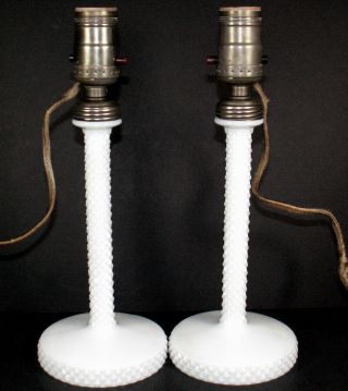 Vtg.  Westmoreland Milk Glass English Hobnail Pattern 11 " T Stick Style Lamp Pair