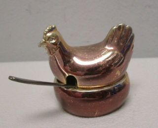 Gold Colored Plated Metal Chicken Hen On Nest Salt Dip W/ Spoon