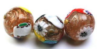 3 Vintage Venetian Glass Ball Buttons W Colorful Milifiori Accents Design - 1/2 "