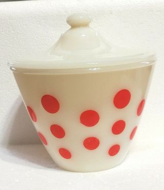 Vtg Fire King Red Orange Polka Dot Grease Bowl Jar & Lid Milk Glass