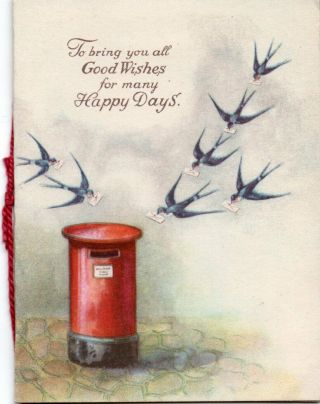 Vintage Folded Christmas Greeting Card: Swallow Birds & Post Box