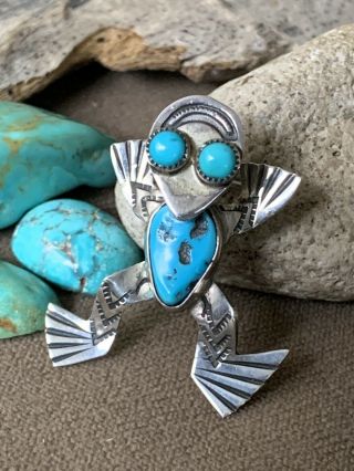 Vintage Native American Turquoise Sterling Silver Frog Pendant Brooch Pin