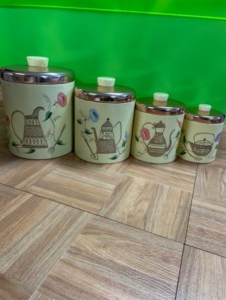 Vintage Mid Century Metal Ransburg Complete Canister Set Tea Pots & Flowers