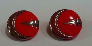 Vintage Red Glass Buttons With Silver,  Art Deco