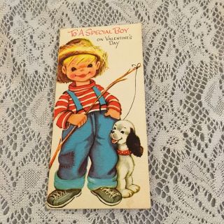 Vintage Greeting Card Valentine Cute Boy Fishing Dog Fisherman