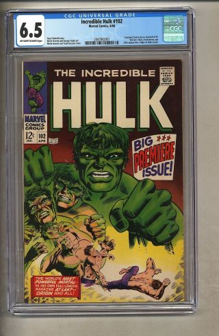 Incredible Hulk 102 (cgc 6.  5) Ow/w Pages; Origin Retold; Marvel; 1968 (c 26907)