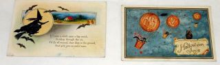 2 Vintage Halloween Postcards Witch Jol Owls Bats 1910s Hot Air Balloons