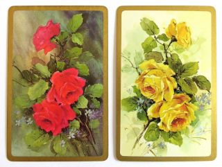 Pair Vintage Swap Cards.  Roses.  Red & Yellow Rose Flowers With Forget - Me - Nots