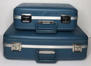 Set Of 2 Vintage Retro Nesting Hard Side Blue Suitcases Luggage Quilted Lining