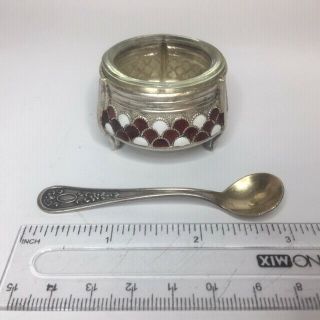 Vintage Antique Russian Cloisonne Melchior Silver Plate Enamel Open Salt Spoon