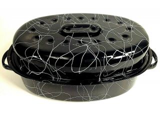 Vintage Black And White Enamel Roasting Pan With Lid White Swirl Design 13.  5 "