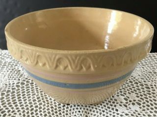 Vintage Mccoy Usa Pottery Pink & Blue Band/stripe Yellow Ware 9.  5 " Mixing Bowl