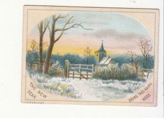 The Year Bring Thee Happiness Church In Snow Fence Gate Vict Card C 1880s