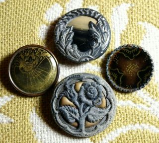 4 Vintage Buttons Sheet Celluloid In Metal
