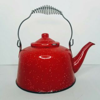Vintage Enamel Tea Kettle Pot Red White Speckle Splatter Rustic Distressed Cabin