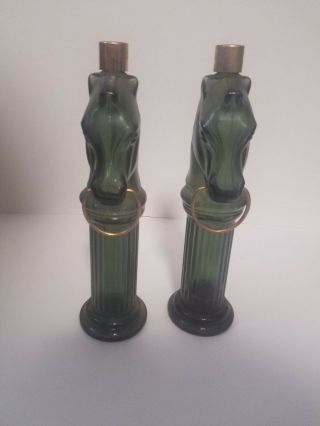 Set Of 2 Collectible Vintage Avon Green Glass Horse Pony Head Cologne Bottle 8oz