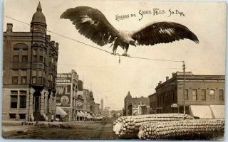 1912 Sioux Falls,  Sd Rppc Photo Postcard Street Scene Corn / Eagle Exaggeration