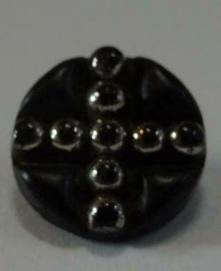 Vintage Black Glass Button With A Silver Cross