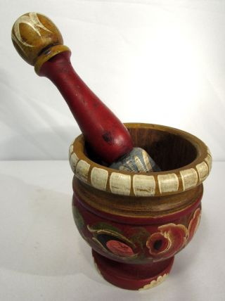 Vintage Wood Mortar Pestle Made In Italy Paint Decorated Woodenware Treenware