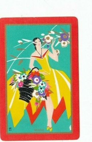 1 Swap Playing Card Vintage Art Deco Lady Basket Of Flowers - Marie