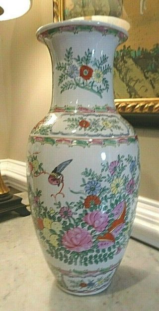 Tall Vase 14 " Made In China Pink Flowers Birds Green Flora