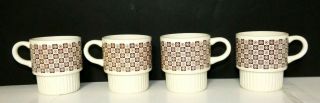 Four Vintage Stacking Coffee/tea Mugs/cups Checkered Brown/cream Ceramic - Usa