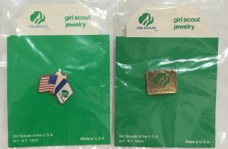 2 Vintage Girl Scout Pins Flags In Package 1990’s