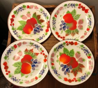 Vintage Enamel Ware Enamelware Painted Fruit 4 Small 7”granite Ware Plates Euc
