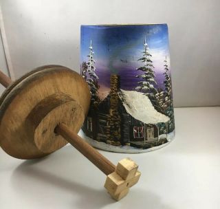 Table Top Wooden Butter Churn With Lid And Dasher Hand Painted Snow Winter Cabin