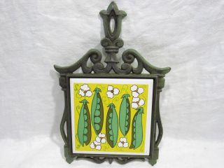 Vintage Lorrie Design Pea Pod Ceramic Tile In Cast Iron Trivet Retro Green