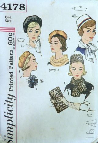 Vtg 1960s Simplicity 4178 Beret Pillbox Hat Scarf Handbag Purse Sewing Pattern