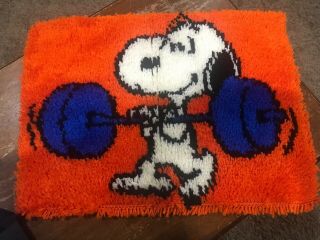Vintage Peanuts Snoopy Holding Barbells Latch Hook Rug Completed Retro