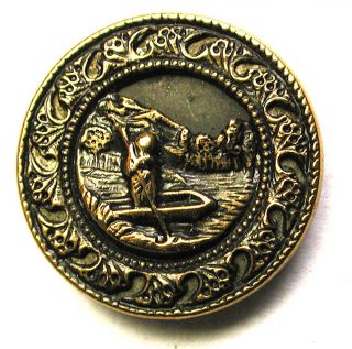Bb Antique Brass Button Man In Boat Polling On The River 3/4 " 1890s