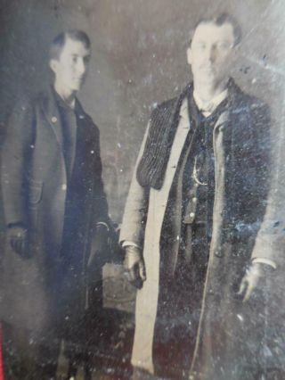 Tintype Photo T373 2 Men Posig In Long Coats & Leather Gloves - 1 Has Mustache