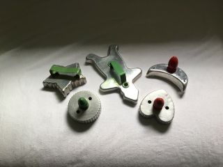 Vintage Red & Green Wood & Aluminum Handle Cookie Cutters,  Moon,  Heart,  & More