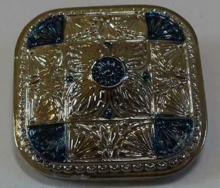 Lovely Vintage Glass Button With Silver And Blue,  Square Shape