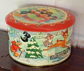 Vintage Walt Disney Christmas Candy Tin Mickey Mouse,  Donald Duck,  Bambi Etc 5x3