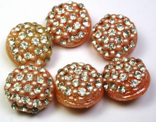 Bb Vintage Celluloid Button Set Of 6 Paste Encrusted Shell Pink Base 3/4 "