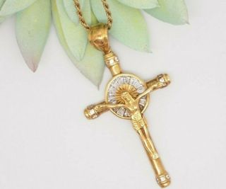 Vintage Gold over Sterling Rope Necklace with Cross Crucifix Jesus Pendant CZ ' s 2