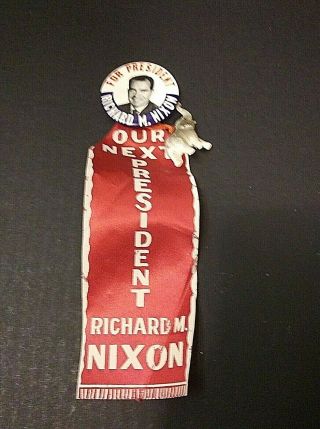 Vintage Richard M.  Nixon For President Campaign Button W/ Ribbon And Elephant