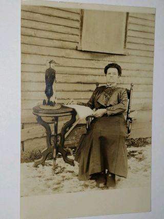 C.  1910 Rppc Mounted Ivory - Billed Woodpecker? With Sitting Down Lady Post Card