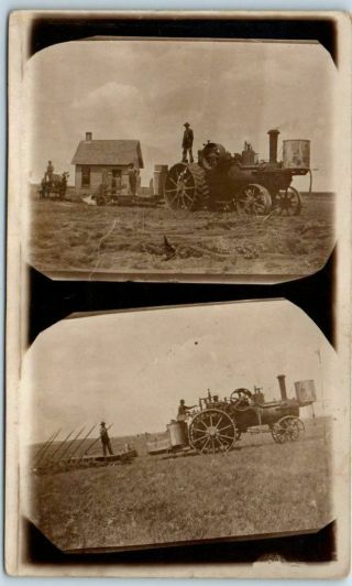 Vintage Farming Rppc Real Photo Postcard Two Steam Tractor Scenes C1910s