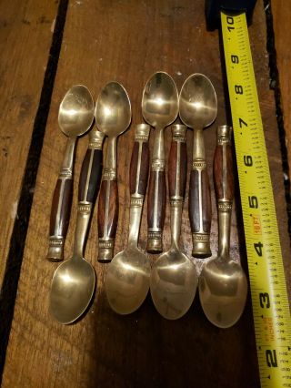 Spoons Brass & Teak Wood Thailand Set Of 8 Vintage Antique Flatware