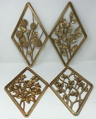 Set Of 4 Vtg Syroco Diamond Shape Seasons Wall Hanging Art Plaques Gold Plastic